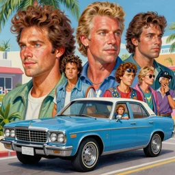 a mixed media profile portrait painting of crockett and tubbs in the car, miami vice eighties, detailed facial features, by frank frazetta, greg rutkowski, beeple, yoko taro, christian macnevin, beeple, wlop and krenz cushart, epic fantasy character art, volumetric indoor lighting, midday, high fantasy, cgsociety, cheerful colours, full length, exquisite detail, post - processing, masterpiece, cinematic