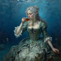 a 1 8 th century, messy, silver haired, ( ( ( mad ) ) ) elf princess ( look like ( ( young kate winslet ) ) ), dressed in a frilly ( ( ragged ) ), beautiful dress, is ( ( drinking a cup of tea ) ). everything is underwater! and floating. blue, theatrical, ( ( green tones ) ) fantasy oil canvas by jakub rozalski, jan matejko