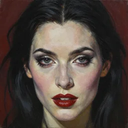 close up face of a extremely beautiful bond female VAMPIRE portrait, oil on canvas, artgerm, norman rockwell, craig mulins, trending on pxiv,