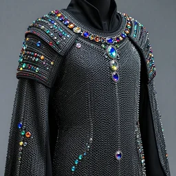 dark chainmail armor cloak studded with glowing multicoloured gems and iridescent crystals, intricate linework, clear focus, assassin, glimmering colors, wlop rutkowski, chebokha, shinkai