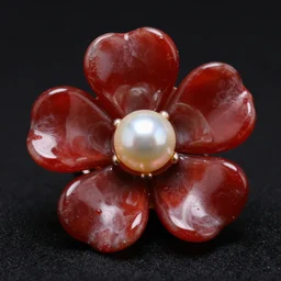 a luxury jewelry, flower forms, organic, red glass, pearl, close up, no people black backgground, showcase