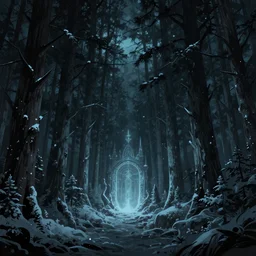 beautiful dark evil forest at night with very tall pine trees and snow, with a large magic portal in the center. Digital Matte Illustration by Lisa Frank