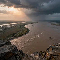 top zoom view muddy river delta joining sea by hiroshi yoshida, marc simonetti, roger deakins, turner, rothko, hyperrealistic, cinematic, rock plateau, dramatic stormy scene, sunset, matte painting, fluid simulation, trending on artstation, 8 k high detail concept art, rendered in octane