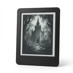 gothic e-reader, stylized 3d render, isolated on a pure white background, centered, entire object in frame, sharp focus, soft studio lighting