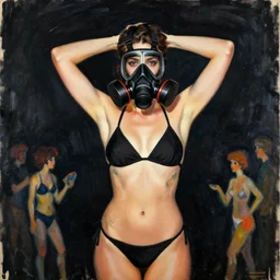 portrait of model girl, black 3 m half mask respirator on mouth, hands behind head, in bikini, tattoos, by ashley wood, yoji shinkawa, jamie hewlett, 6 0's french movie poster, french impressionism, black background colors, palette knife and brush strokes, asymmetrical