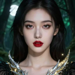 glowing silver and golden elements, full close-up portrait, young female model from shutterstock as a dark witch, book cover, green forest, white moon, red lips, establishing shot, extremly high detail, photo-realistic, cinematic lighting, pen and ink, intricate line drawings, by Yoshitaka Amano, Ruan Jia, Kentaro Miura, Artgerm, post processed, concept art, artstation, matte painting, style by eddie, raphael lacoste, alex ross