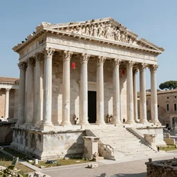 spqr roman palace temple, fully restored, newly built reconstructed, white marble, red banners. ultrarealistic 3 d cg graphics. 8 k hd instagram photo at behance, epic cinematic movie shot, 1 9 9 0 s. adobe lightroom, photoshop