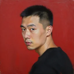 a head and shoulders shot of a man with short black hair and shaved sides looks over his shoulder, staring directly at the camera, oil painting, red background, album cover