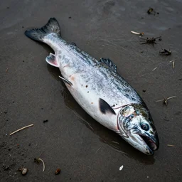 decaying salmon on the beach after spawning, eaten by insects, by beksinski, dark vibes, 4 k, ultra realistic, highly detailed.