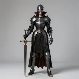 full portrait, female vampire knight in black heavy armor, well - protected, metal mask, feet, tall gladiator sandals, barefoot, giant two - handed sword covered in blood, enchanting, mysterious, elegant, smiling, bloodied sharp teeth, good lighting, realistic proportions, reasonable fantasy