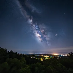 a beautiful double exposure of a deep field astrophotography image in the sky and a night time landscape with forests and a cityscape, lpoty, award winning, apod
