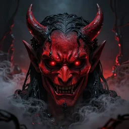 a scary devil face with shade of red color and black color with bloodshot and luminous eyes, against a hellish background with a lot of smoke, darkart, hyperdetailed, hyperealistic, cinematography, 16k, 3D, Artstation, Deviantart, very beautiful