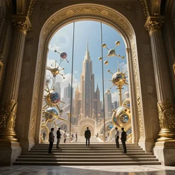 carved futuristic gateway at the end of ancient ornate steps shows a large wide window to a city which details the vast architectural scientific ancient and cultural acheivements of humankind, magical atmosphere, molecules and machines, renato muccillo, jorge jacinto, andreas rocha, damian kryzwonos, ede laszlo, highly detailed digital art, cinematic blue and gold