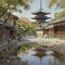 oil painting sunny day in kyoto, puddles, realistic, ultra realism, intricate, atmospheric, 8 k resolution, rendered in 3 ds max