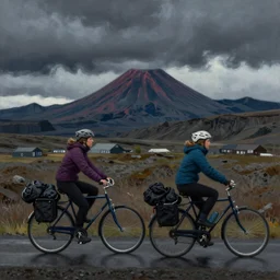 Two women travelling by bycicle, They are in iceland landscape. A volcano can be seen in the background. The place is Landmannalaugar. In the style of Edward Hopper, stormy weather, extremely detailed masterpiece, oil on canvas, low-key neon lighting, artstation