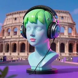 roman bust wearing headphones, in the style of vaporwave!!!!!!!!!!!