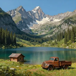 A mountain lake with a single small log cabin and an single rusty old truck, beautiful matte painting, Moebius, frank frazetta, sid mead, thomas kinkade, rodney mathews, trending on artstation