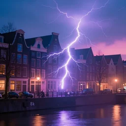 amsterdam in the year 2 1 4 5. 8 k, blue, pink, purple. ambient lightning, haze, fog, glow, sunset, digital art.