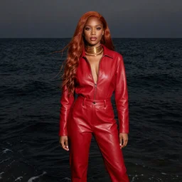 of a beautiful black girl, with long red hair, in a red leather jumpsuit, standing in the middle of the black sea, very beautiful style, her neck in gold rings, photorealism john singer sargent, edgard maxence