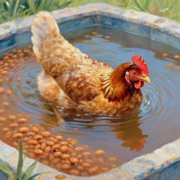 a chicken swimming in a pool of branston baked beans in the style of monet, 4 k resolution