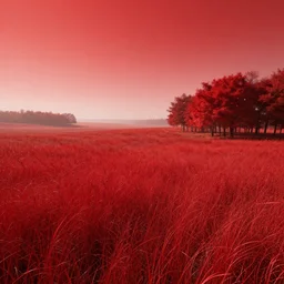 A realistic detailed photo of a landscape of a giant field, red grass, red trees, sunny landscape, clear red sky, foggy sky, red particles, light particles, detailed light, realistic shaders, trending on artisation, detailed textures, detailed, realistic.