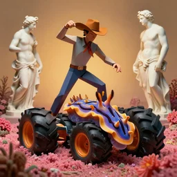 a cowboy breaking into blossom by slim aarons, by zhang kechun, by lynda benglis. tropical sea slugs, angular sharp tractor tires. complementary bold colors. warm soft volumetric dramatic light. national geographic. 8 k, rendered in octane, smooth gradients. angular sculpture by antonio canova by gian lorenzo bernini.