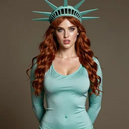 slim young april with a mischievous face and long chesnut wavy hair dressed as a superhero in her early twenties, posing with her arms tucked behind her back, lady liberty, tight fit, curvaceous, intricate detailed face, shiny, art by joshua middleton and greg rutkowski and alphonse mucha