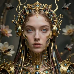 very beautiful woman integrating with technology, full face frontal centered, portrait, insipiring, detailed intricate ornate cables connected to head, big open electric eyes, luxurious detailed abundent wiring and implants, gold, renaissance, sci - fi, detailed technology background with cyber flowers and insects, dramatic lighting, photography, highly detailed, artstation, 8 k,
