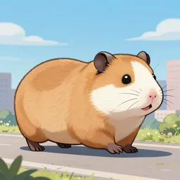 giant hamster walking along, a city below