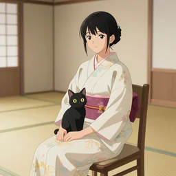 A young lady in a kimono with almond-shaped eyes, sitting on a chair in a huge empty room, a black cat sitting on the window, a girl smiling, black and white, pencil, style