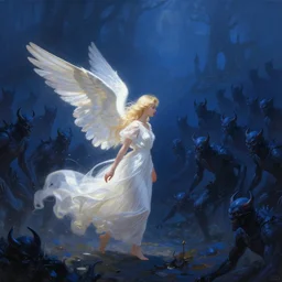 a blonde angel with long white dress and dramatic light arriving at a dark blue valley filled with hundreds of dark blue demons, romantic painting, 8 k, artstation, wide angle
