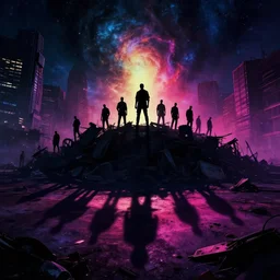 cyberpunk dead city silhouettes, dark dying dramatic shadows, galaxy high detail vivid color, styleize 2 0 0 0 0, many men stand on the junk tunk