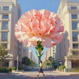 giant carnation flower head, a woman walking between luxury apartments, surreal photography, sunlight, impressionist painting, digital painting, artstation, simon stalenhag