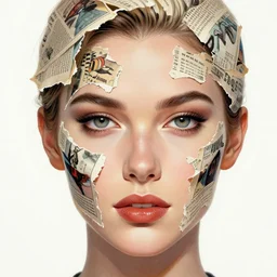 a painting of a woman's face with pieces of torn-up pages of superhero comic books on her face, a surrealist painting, behance contest winner, pop surrealism, surrealist, detailed painting, poster art