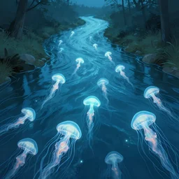 river with glowing jellyfish immigrating down it, detailed, concept art, smooth, sharp focus, illustration, trending on artstation, deviantart, by greg rutkowski