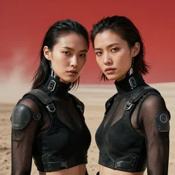 cinestill 5 0 d photographic portrait of two loving female androids wearing rugged black mesh techwear crop top on a desolate plain with a red sky, extreme closeup, modern cyberpunk, dust storm, 8 k, hd, high resolution, 3 5 mm, f / 3 2, ultra realistic faces, ex machina, blade runner