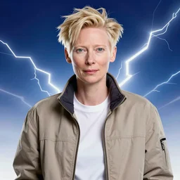 formal portrait of tilda swinton as doc brown from back to the future. lightning background. digital art by eugene de blaas, ross tran, and nasreddine dinet, vibrant color scheme, intricately detailed, in the style of romanticism, cinematic, lighting background, artstation, greg rutkowski