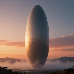 professional cinematic photograph concept render of a single massive beautiful neo - futuristic matte symmetrical elongated oval monolith by ilm and denis villeneuve, emmanuel shiu, zaha hadid, sunset, deep color, architectural scale, distant mountains, hyperrealism, very high detail, volumetric mist vapor, trending on artstation, cgsociety, rendered in octane
