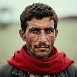 portrait of president chester a arthur as afghan man, green eyes and red scarf looking intently, photograph by steve mccurry
