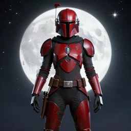 the female mandalorian dressed in red and black armor surrounded by starlight, moon behind her, fantasy, intricate, elegant, hyper detailed, ultra definition, photoreal, artstation, unreal engine rendered, concept art, smooth, sharp focus, illustration, art by artgerm and greg rutkowski and alphonse mucha and garis edelweiss