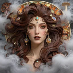 song of the billowing smoke clouds, detailed beauty portrait, chocolate, opulent swirling hair, iridescent jewellery, mycelium network, face in focus, organic background, art by wlop, peter morebacher, greg rutkowski, craig mullins, ruan jia, thomas kinkade, victor ngai, ernst haeckel, alphonse mucha, unreal engine, blender, octane