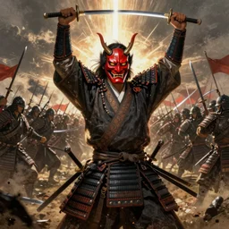samurai with red demon mask celebrates a victory with one thousand troops, blades shimmer, casualties on the field, arms up