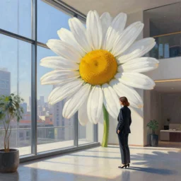 a giant daisy flower head, woman in suit, standing next to modern window in luxury loft, surreal photography, sunlight, impressionist painting, digital painting, artstation, simon stalenhag