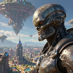 close - up portrait of a protoss high templar looking over a beautiful cityscape on an alien world ; textured with high - resolution photos for realism ; vibrant colors and high contrast for an otherworldly feel ; created in 3 d studio max and v - ray by alp verehin