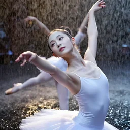 portrait of a ballerina with a beautiful porcelain face, dancing in the rain, cinematic light and reflections, beautiful dreamy lighting, by annie leibovitz,