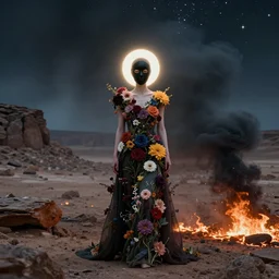 The full body shot of beautiful pale woman with many flowers and full-face black mask with glowing halo, a thick black smoke in rocky desert landscape, glowing eyes, falling star on the background, burning earth by Christopher Doyle, Gaspar Noe, Tarkovsky, Alejandro Jodorowsky, anamorphic lens, cinematic composition, award winning photo, 8k