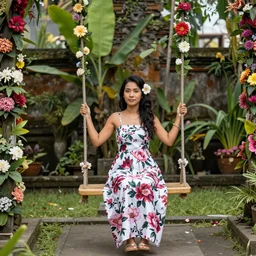 A girl in a peony dress swings on a flower swing in Bali, style of Guo Hua