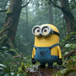 raining forest with a minion, natural environment, cinematic, realistic, highly detailed, 8k render, unreal engine 5