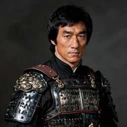 portrait of bruce lee in black samurai armoury, by jan van eyck