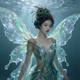 prompt full body portrait of a close up beautiful female fairy, translucent silky dress made of peacock feather, fluid simulation, peacock feather wrap the head, underwater ink env, backlit wispy gigantic wings , hyperrealistic intricate details, asian face, by Peter Mohrbacher and Noah Bradley, trending on artstation, 8k